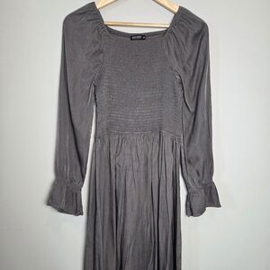 Charcoal Grey Long Sleeve Smocked Midi Dress - D108
